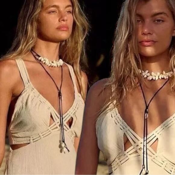 Free People Katie Leather Shell Choker NWT Layered Necklace Beach Bohemian Surf - Picture 14 of 16